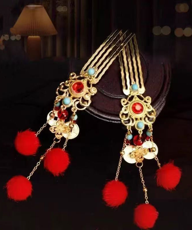 New Red Hairball Tassel Jade Metal Hairpin