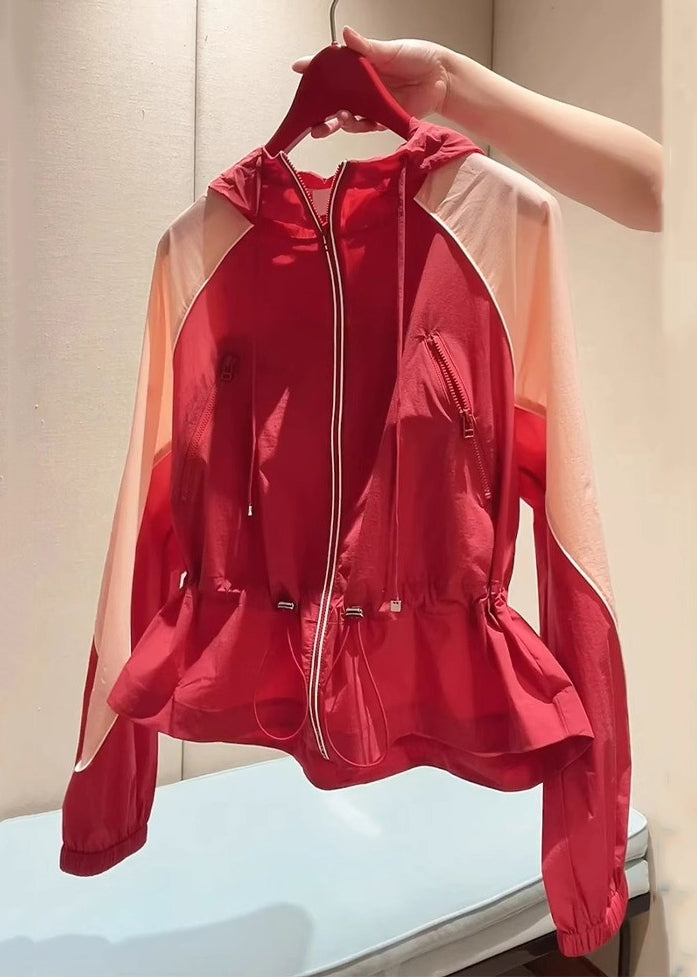 New Red Hooded Zippered Drawstring Patchwork Cotton Coats Summer