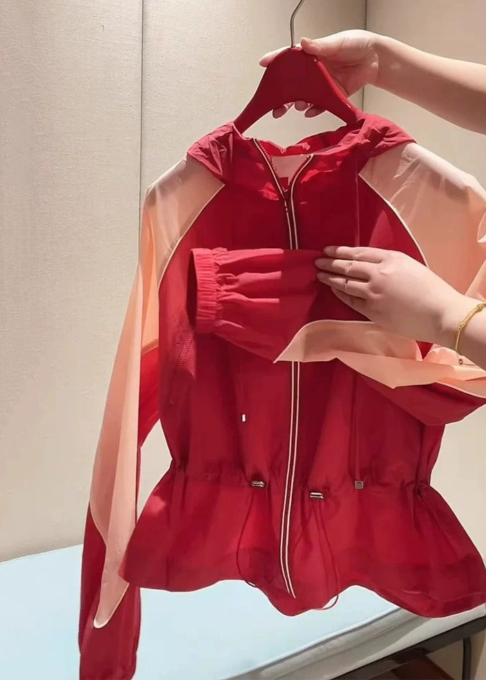 New Red Hooded Zippered Drawstring Patchwork Cotton Coats Summer