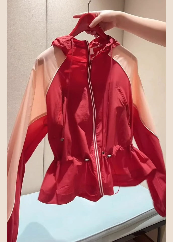New Red Hooded Zippered Drawstring Patchwork Cotton Coats Summer