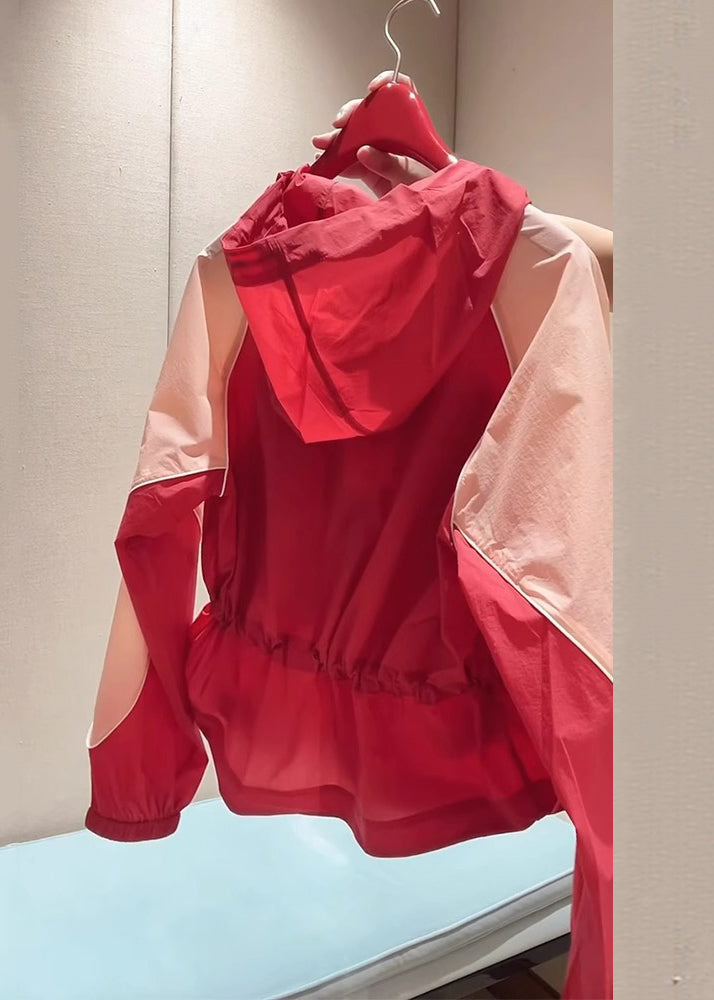 New Red Hooded Zippered Drawstring Patchwork Cotton Coats Summer