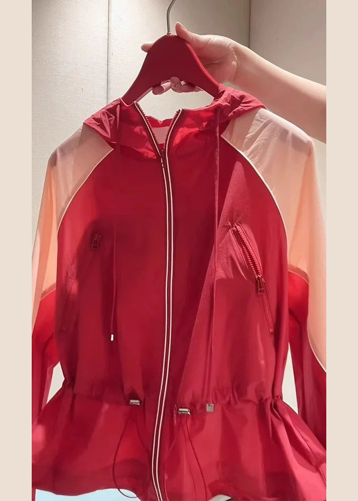New Red Hooded Zippered Drawstring Patchwork Cotton Coats Summer