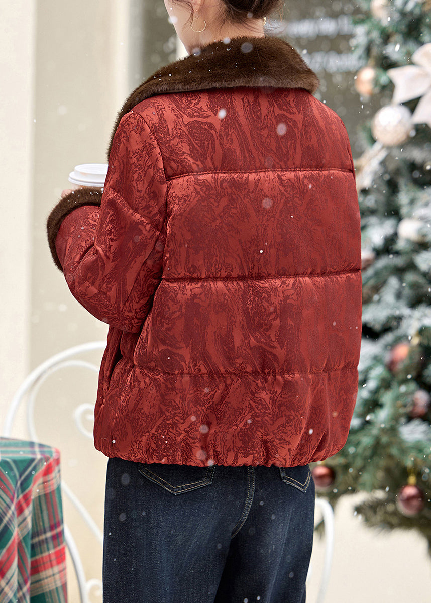 New Red Jacquard Fur Collar Fine Cotton Filled Puffer Jacket Winter