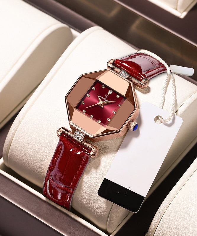 New Red Leather Waterproof Quartz Movement Mineral Tempere Glass Watches