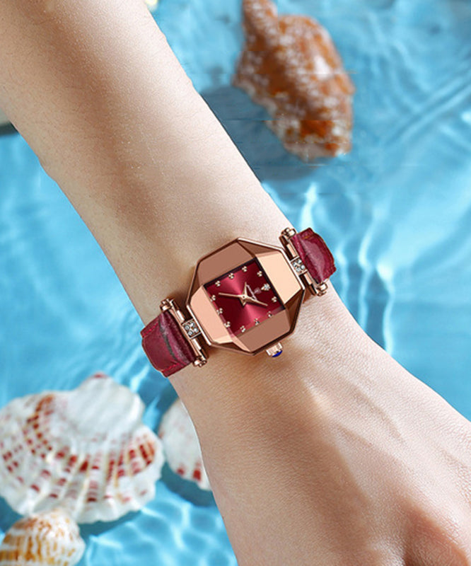 New Red Leather Waterproof Quartz Movement Mineral Tempere Glass Watches