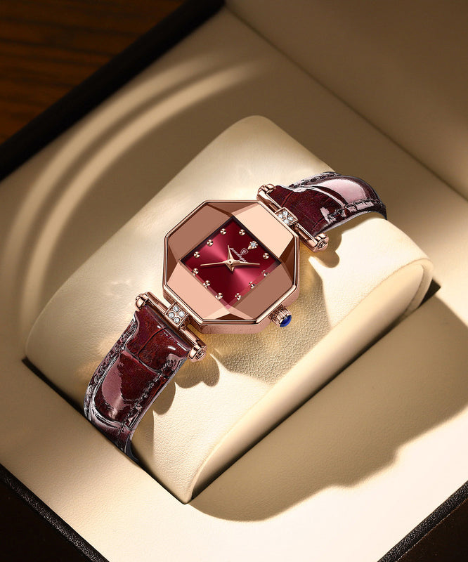 New Red Leather Waterproof Quartz Movement Mineral Tempere Glass Watches