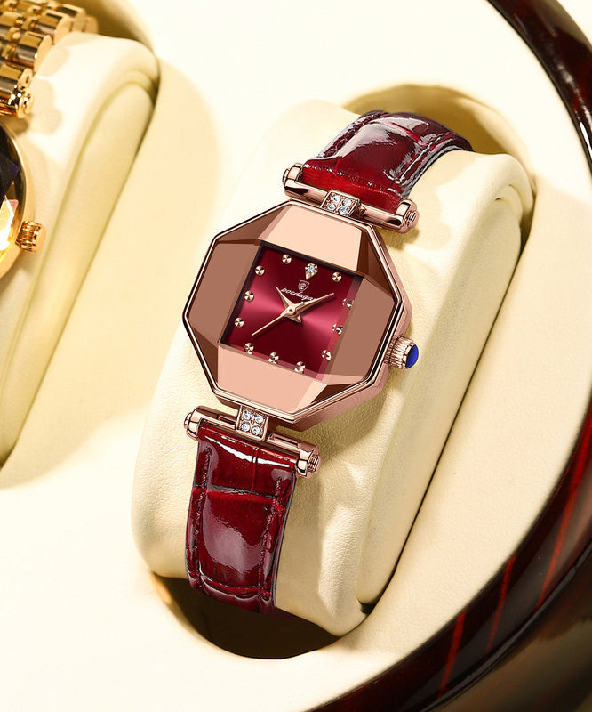 New Red Leather Waterproof Quartz Movement Mineral Tempere Glass Watches