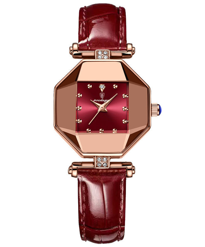 New Red Leather Waterproof Quartz Movement Mineral Tempere Glass Watches