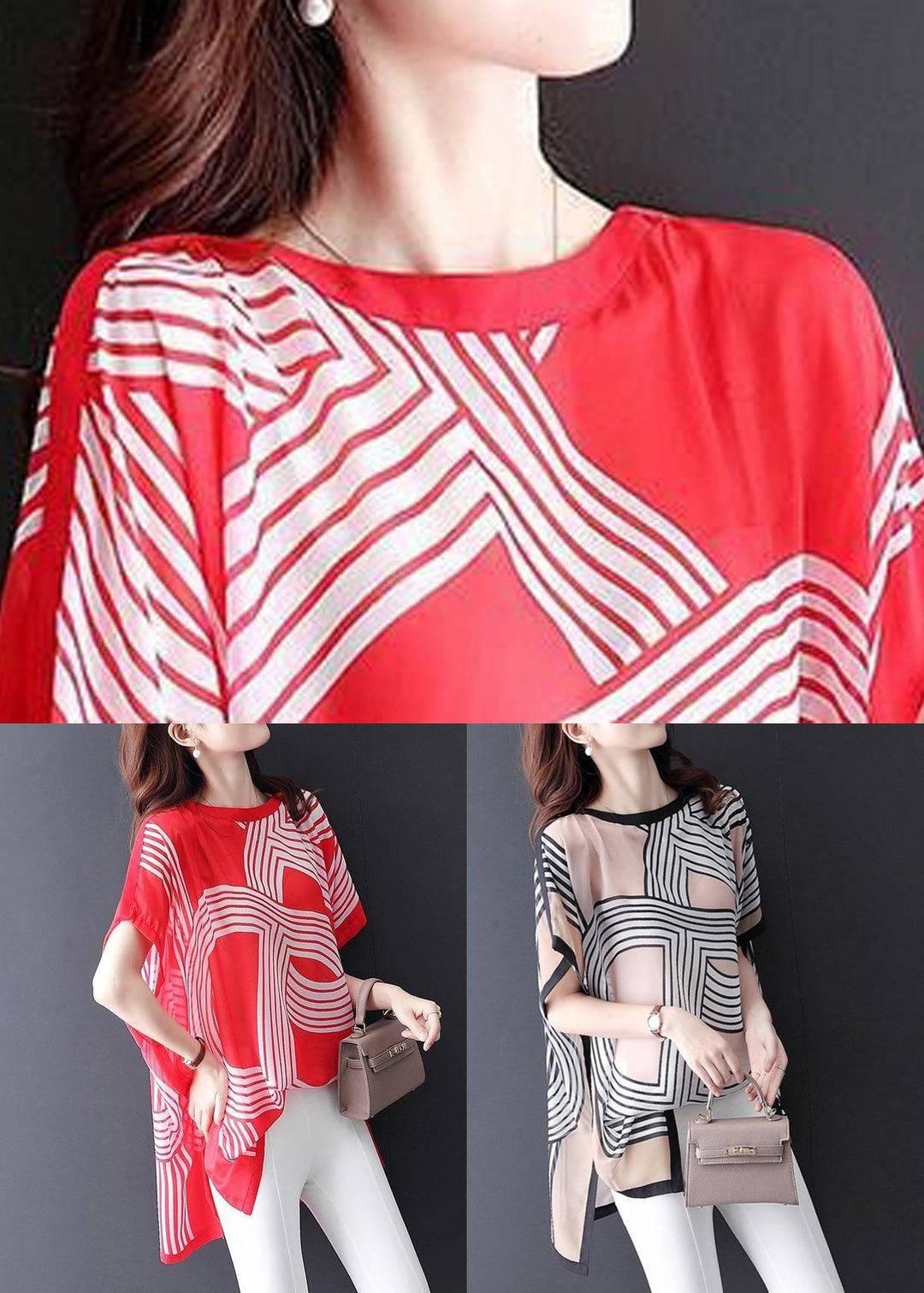 New Red O Neck Print Chiffon T Shirt Short Sleeve