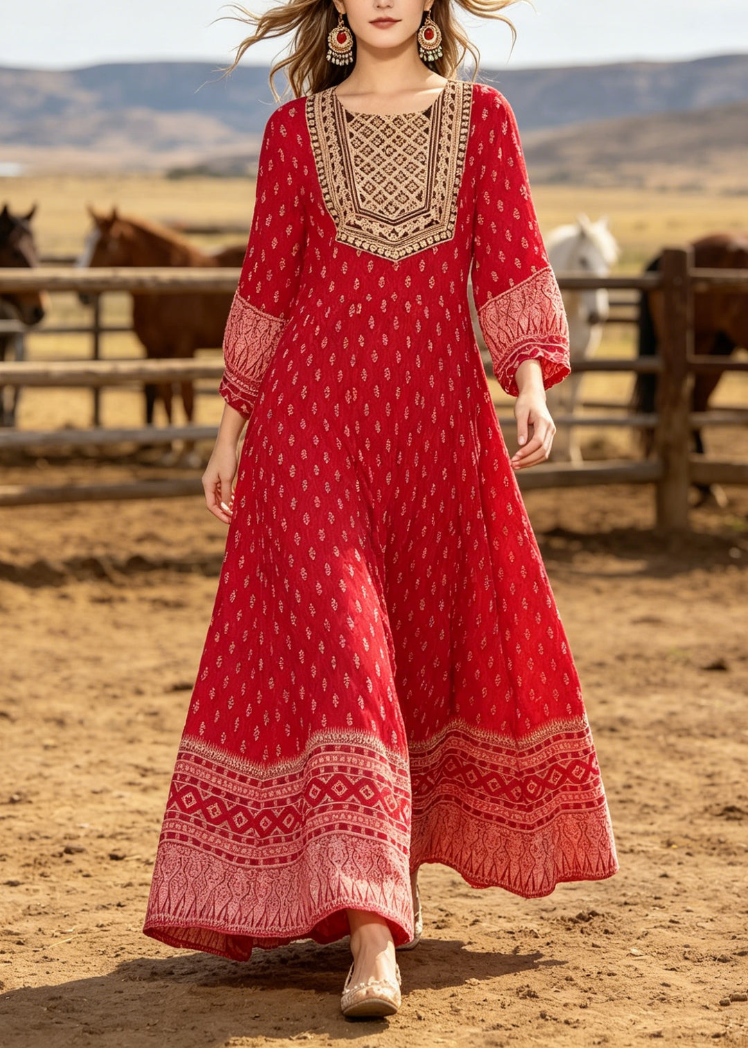 New Red O Neck Print Cotton Ankle Dress Summer