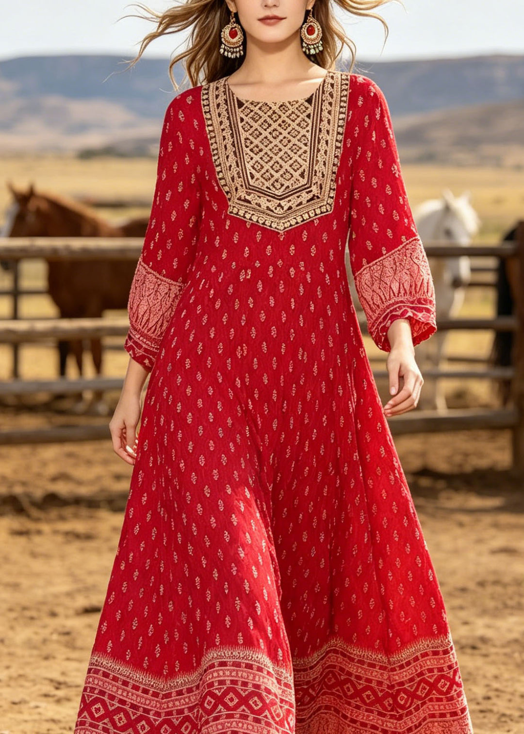 New Red O Neck Print Cotton Ankle Dress Summer