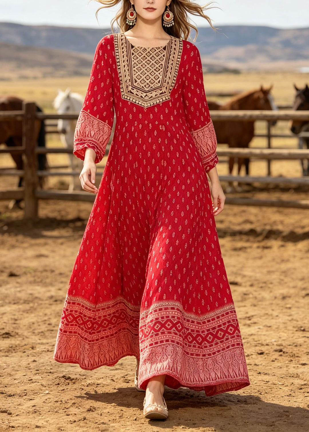 New Red O Neck Print Cotton Ankle Dress Summer