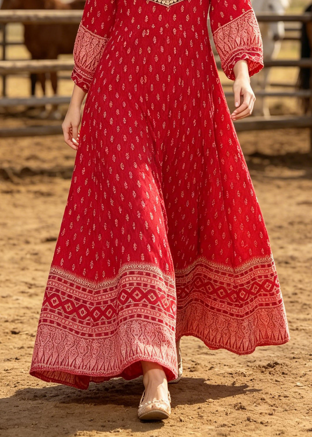 New Red O Neck Print Cotton Ankle Dress Summer