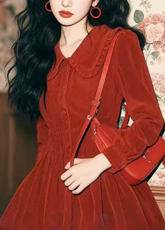New Red Peter Pan Collar Button Corduroy Mid Dress Spring