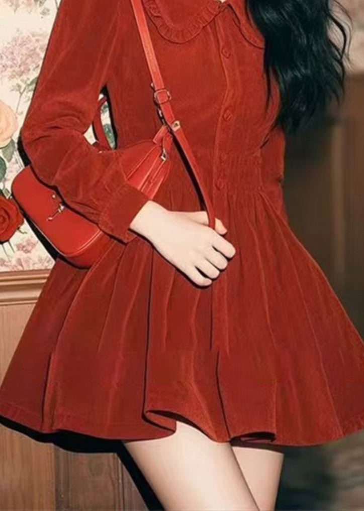New Red Peter Pan Collar Button Corduroy Mid Dress Spring