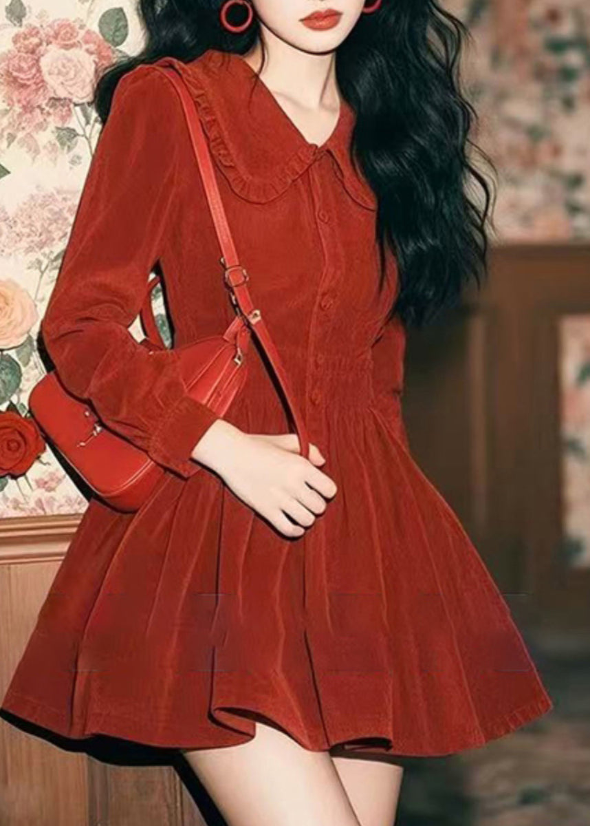 New Red Peter Pan Collar Button Corduroy Mid Dress Spring