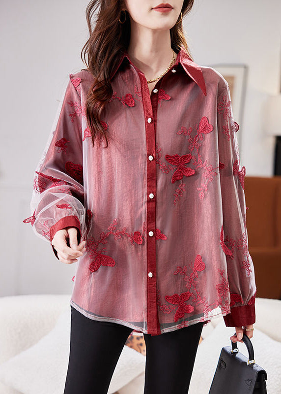 New Red Peter Pan Collar Embroidered Tulle Shirts Spring