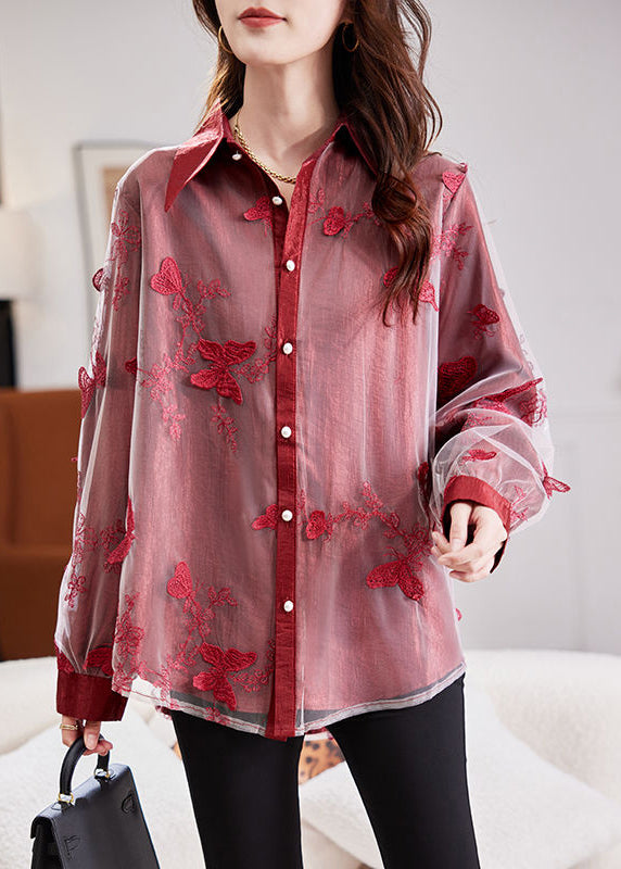 New Red Peter Pan Collar Embroidered Tulle Shirts Spring