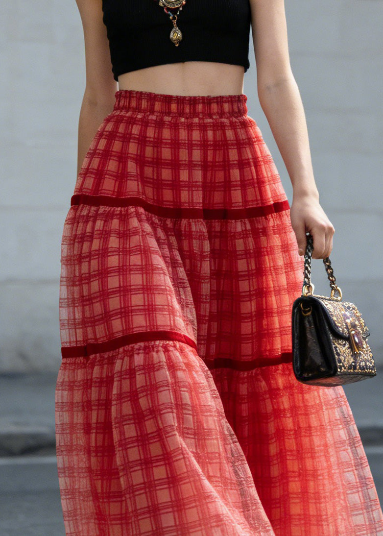 New Red Plaid Wrinkled Patchwork Tulle Skirts Summer - Omychic