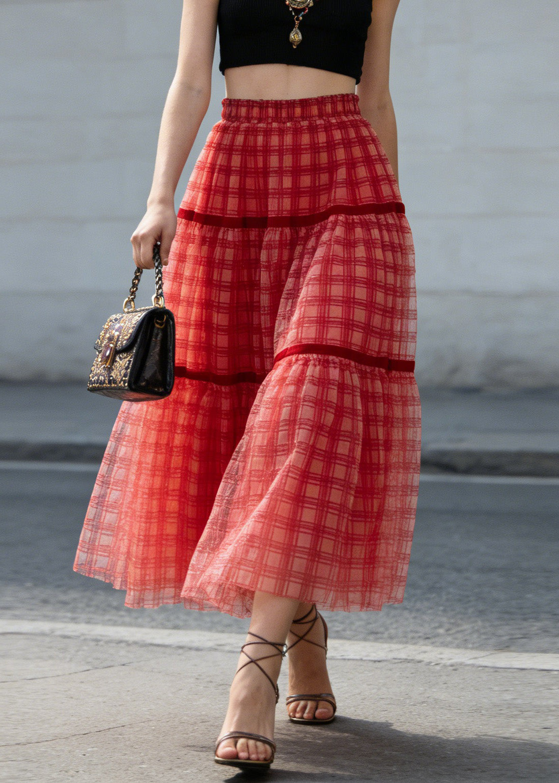 New Red Plaid Wrinkled Patchwork Tulle Skirts Summer - Omychic
