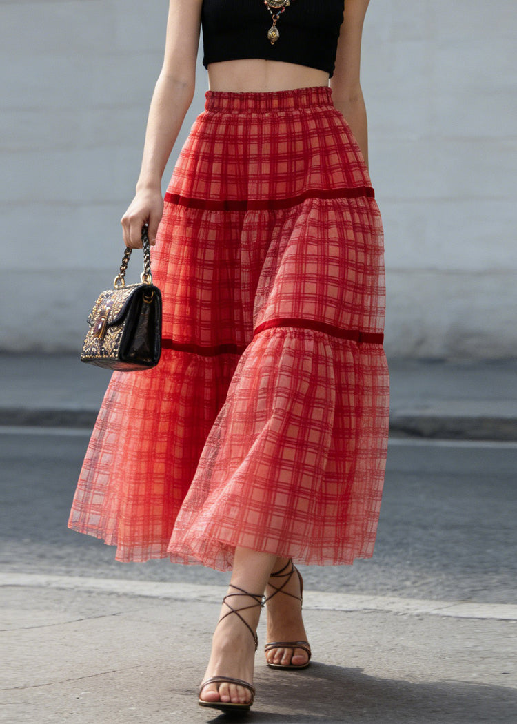 New Red Plaid Wrinkled Patchwork Tulle Skirts Summer - Omychic