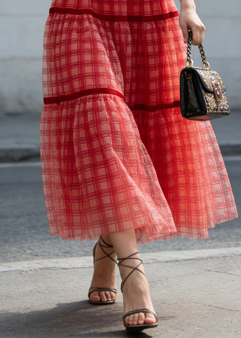 New Red Plaid Wrinkled Patchwork Tulle Skirts Summer - Omychic