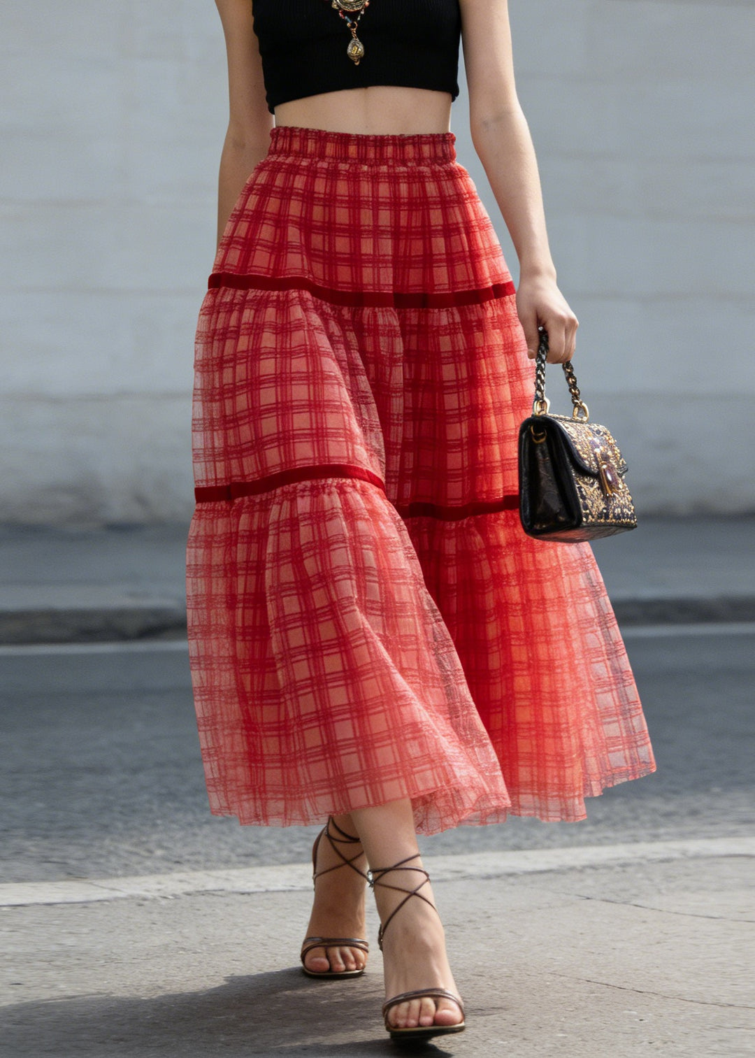New Red Plaid Wrinkled Patchwork Tulle Skirts Summer - Omychic