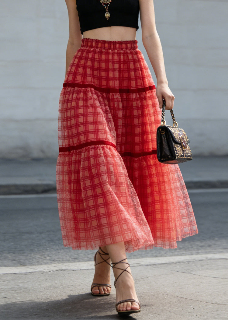 New Red Plaid Wrinkled Patchwork Tulle Skirts Summer - Omychic