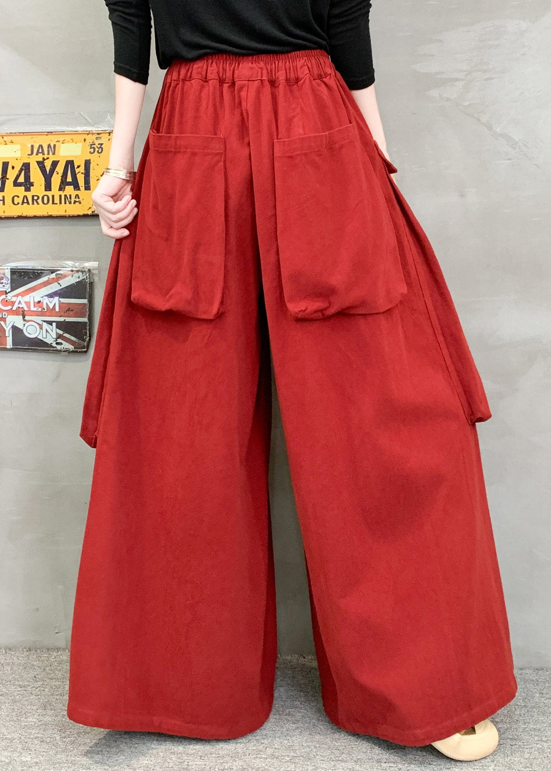 New Red Pockets Elastic Waist Cotton Wide Leg Pants Fall