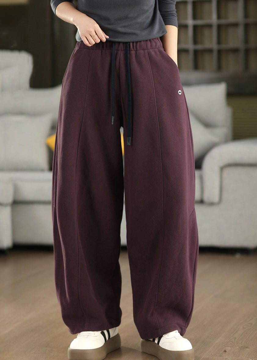 New Red Pockets Elastic Waist Thick Cotton Pants Fall