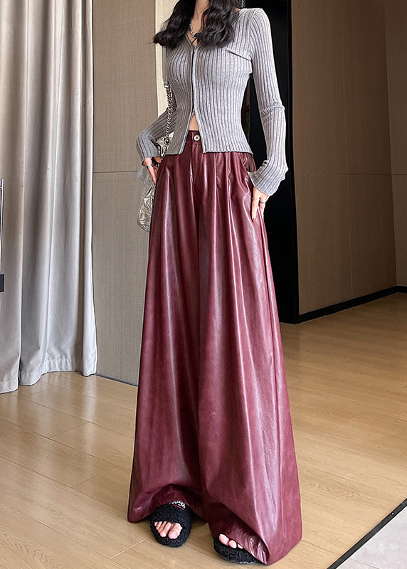 New Red Pockets High Waist Faux Leather Wide Leg Pants Fall