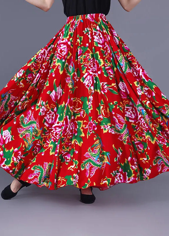 New Red Print Elastic Waist Chiffon Maxi Skirts Summer