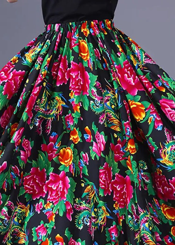 New Red Print Elastic Waist Chiffon Maxi Skirts Summer