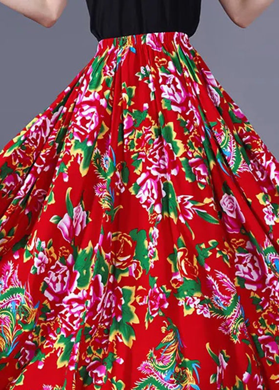 New Red Print Elastic Waist Chiffon Maxi Skirts Summer