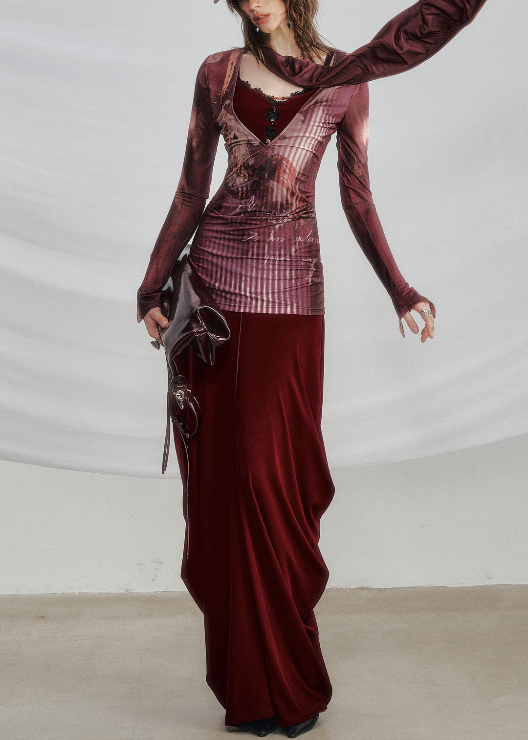 New Red Print Hollow Out Patchwork Cotton Fall Two-Piece Set