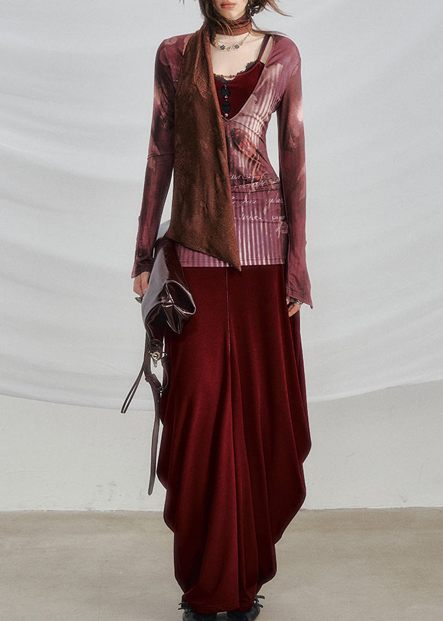 New Red Print Hollow Out Patchwork Cotton Fall Two-Piece Set