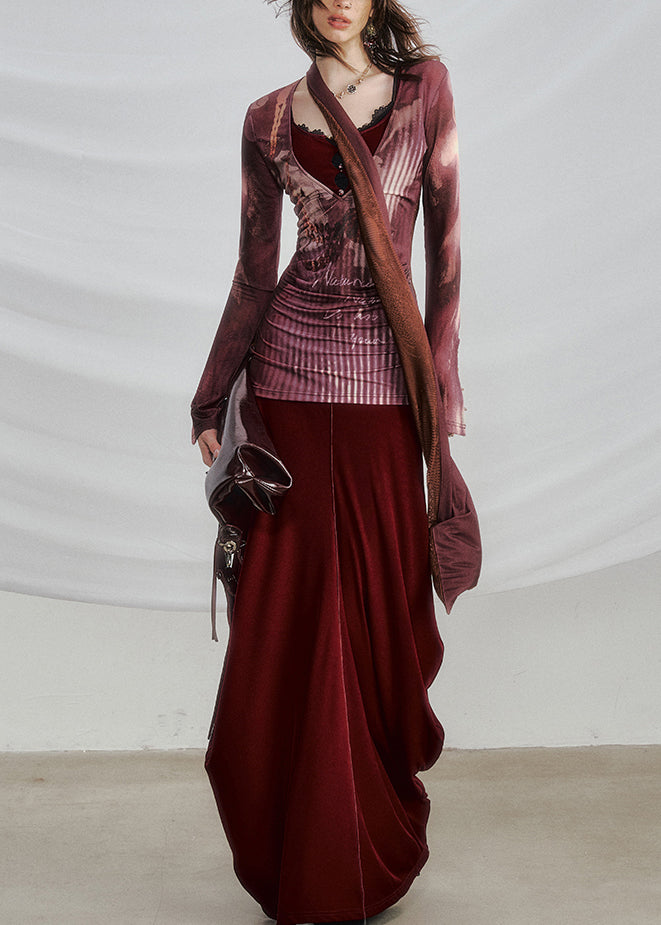 New Red Print Hollow Out Patchwork Cotton Fall Two-Piece Set