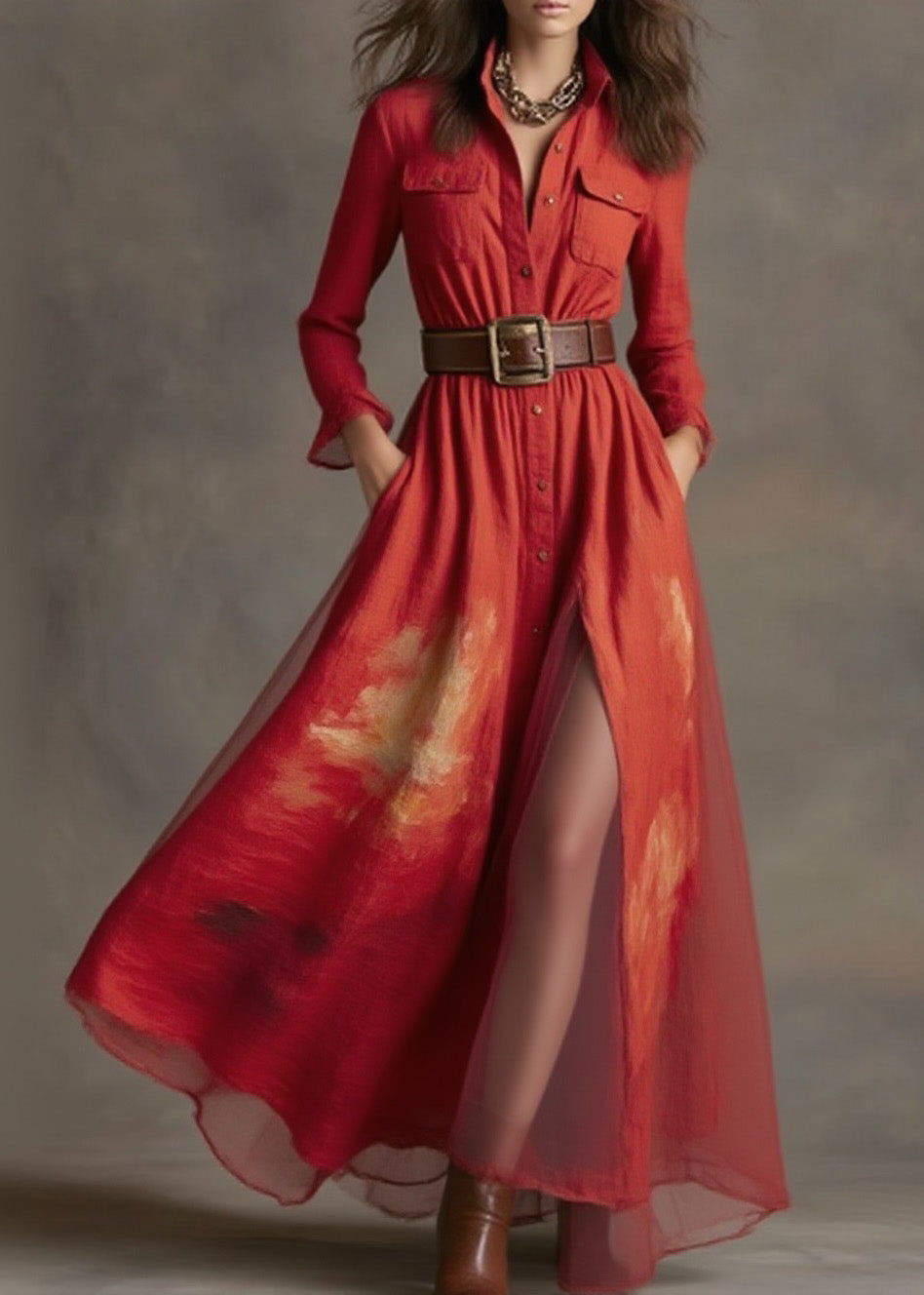 New Red Print Patchwork Cotton Long Dresses Spring