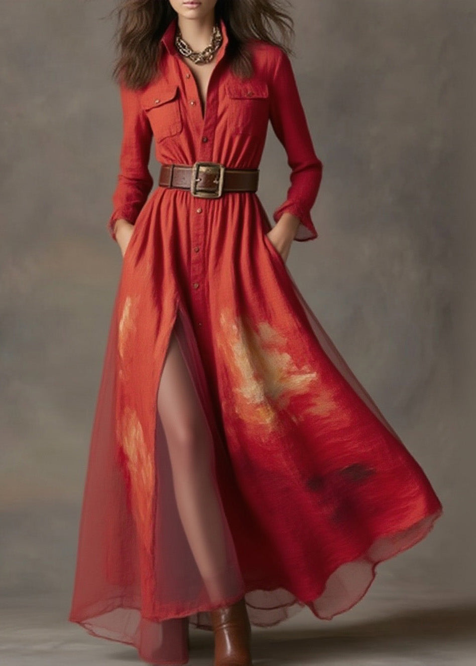 New Red Print Patchwork Cotton Long Dresses Spring