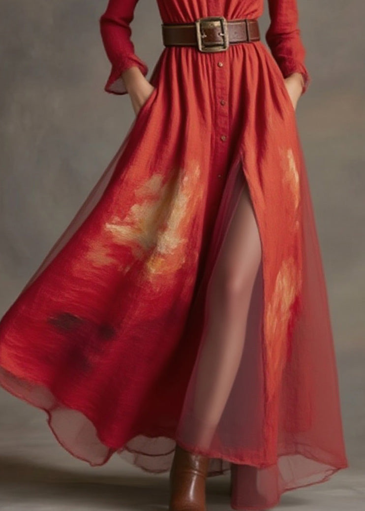 New Red Print Patchwork Cotton Long Dresses Spring