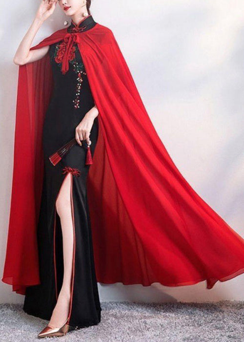 New Red Solid Lace Up Chiffon Cape Dress Summer