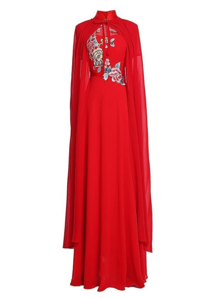 New Red Solid Lace Up Chiffon Cape Dress Summer