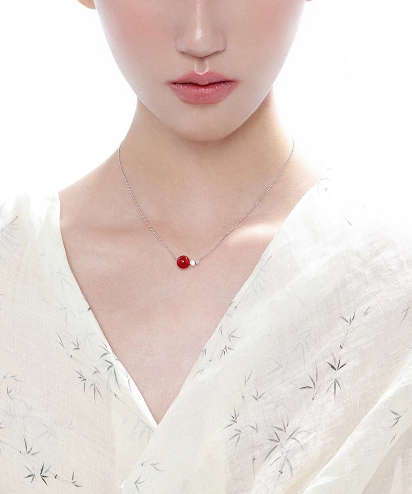 New Red Sphere Agate Carrying Pearl Copper Necklace