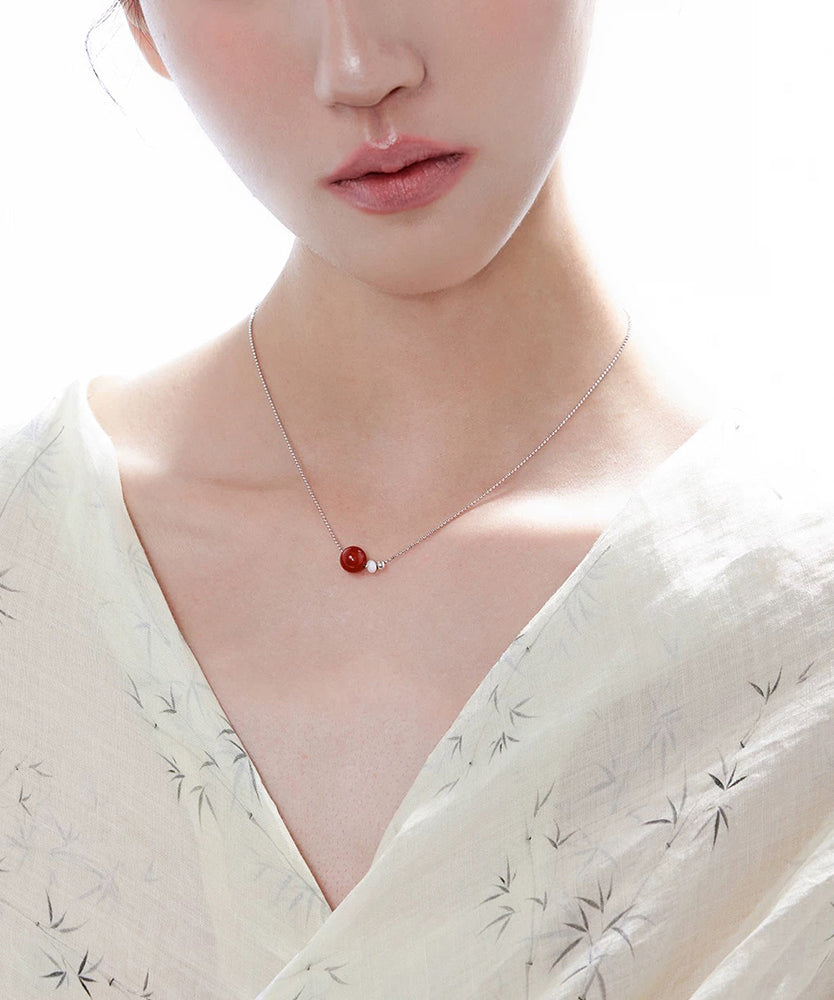 New Red Sphere Agate Carrying Pearl Copper Necklace