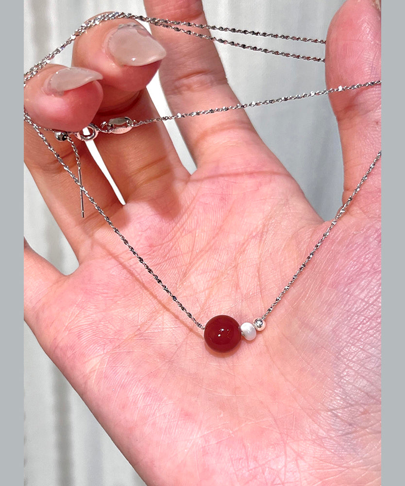 New Red Sphere Agate Carrying Pearl Copper Necklace