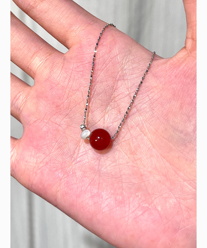 New Red Sphere Agate Carrying Pearl Copper Necklace