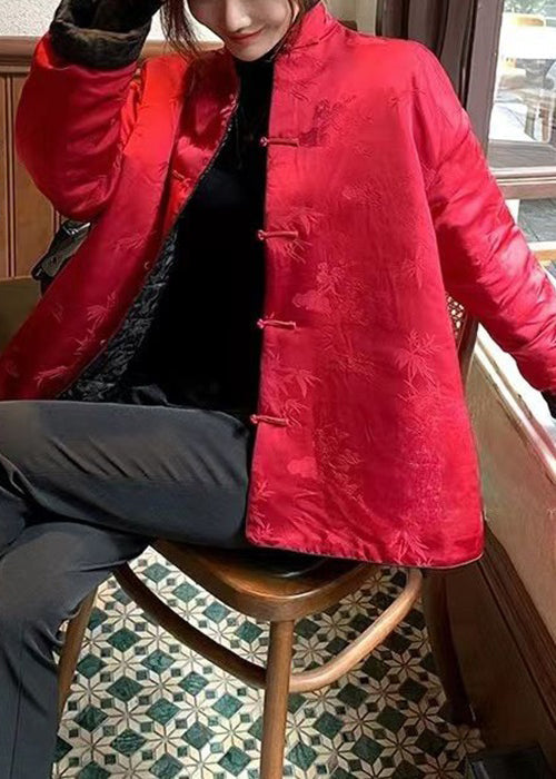 New Red Stand Collar Chinese Button Side Open Cotton Filled Coats Spring