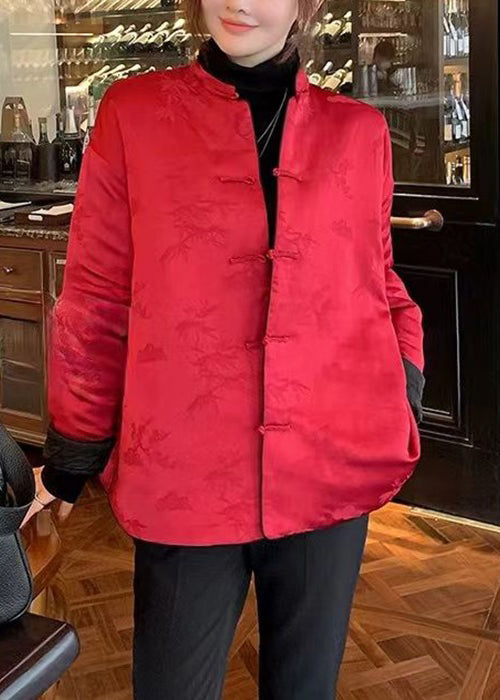 New Red Stand Collar Chinese Button Side Open Cotton Filled Coats Spring