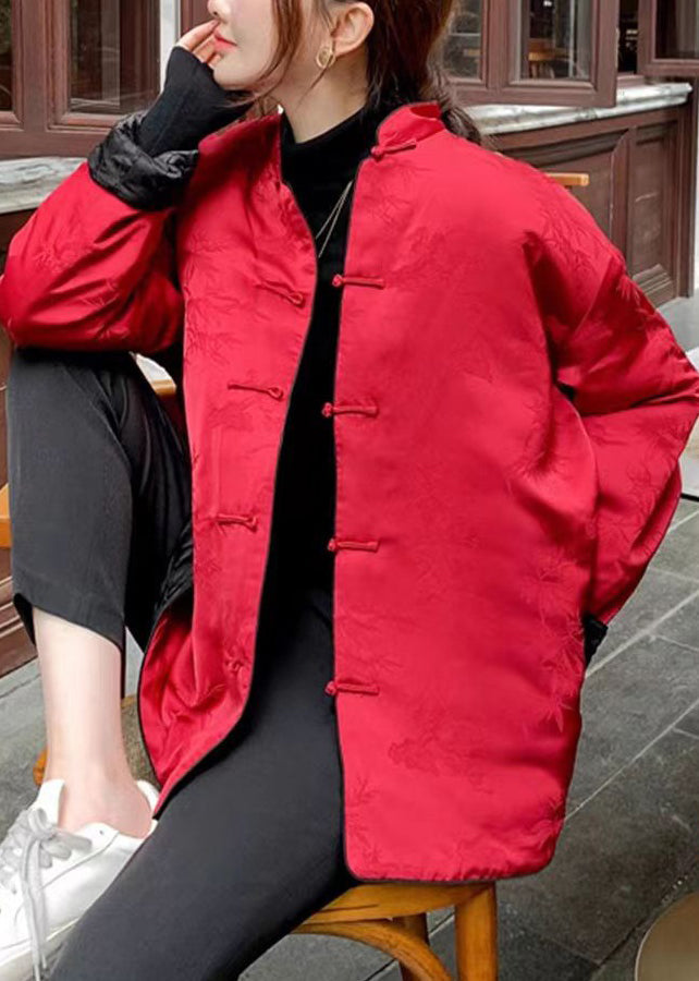 New Red Stand Collar Chinese Button Side Open Cotton Filled Coats Spring