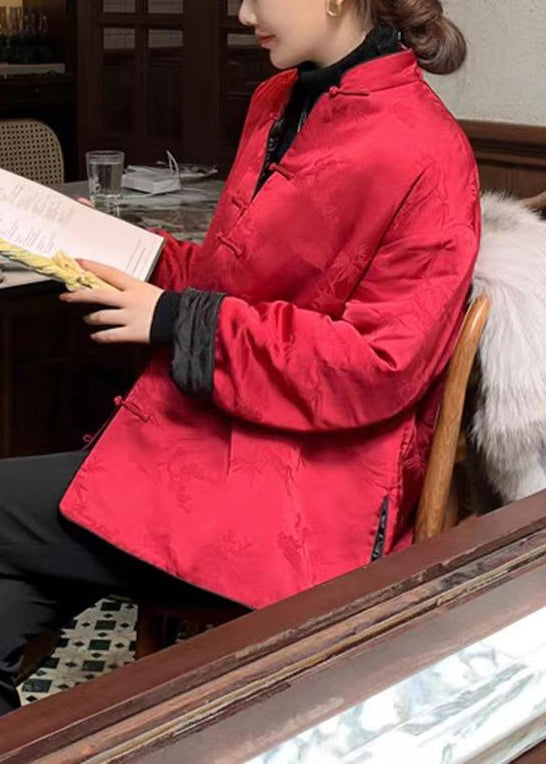New Red Stand Collar Chinese Button Side Open Cotton Filled Coats Spring